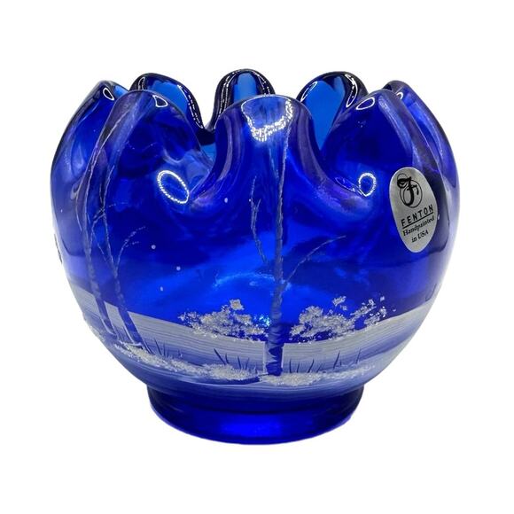 Vintage Fenton Cobalt Blue Rose Bowl hand Painted Signed Snow Winter Scene - Picture 4 of 13